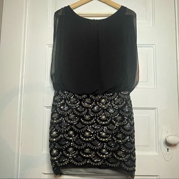 Aidan Mattox Black Stretch Lace Beaded Blouson Dress Size 4 - Picture 3 of 16